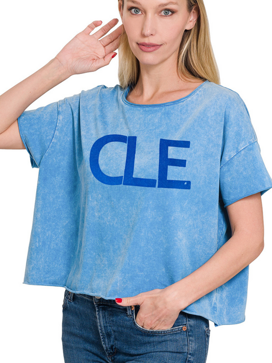 Hand Stamped CLE Acid Wash Semi-Crop Short Sleeve