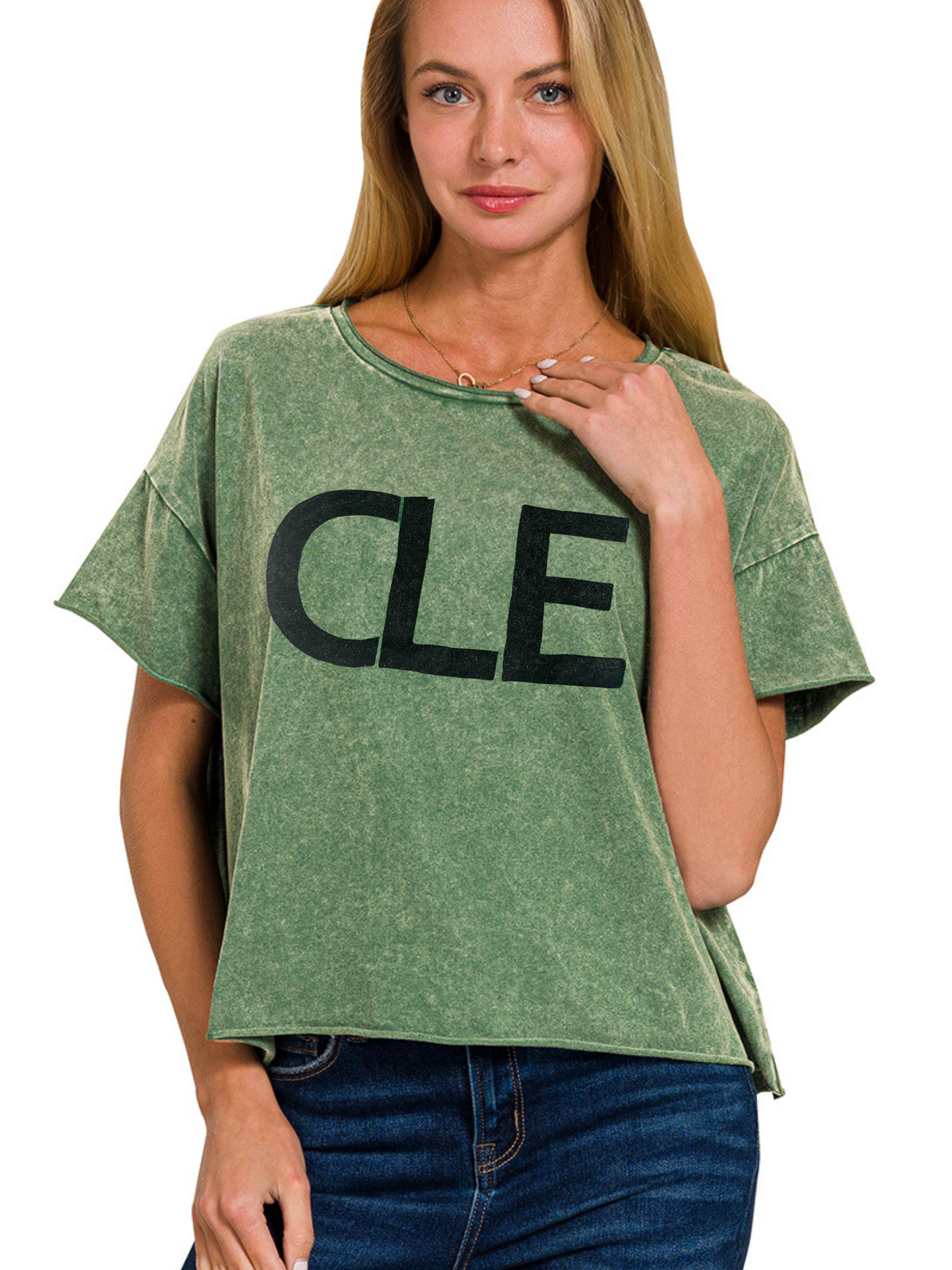 Hand Stamped CLE Acid Wash Semi-Crop Short Sleeve