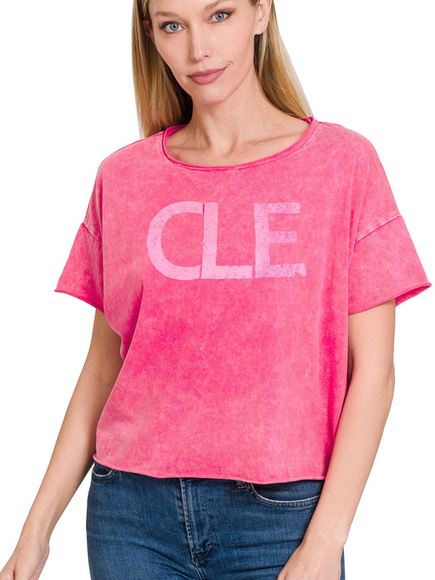 Hand Stamped CLE Acid Wash Semi-Crop Short Sleeve