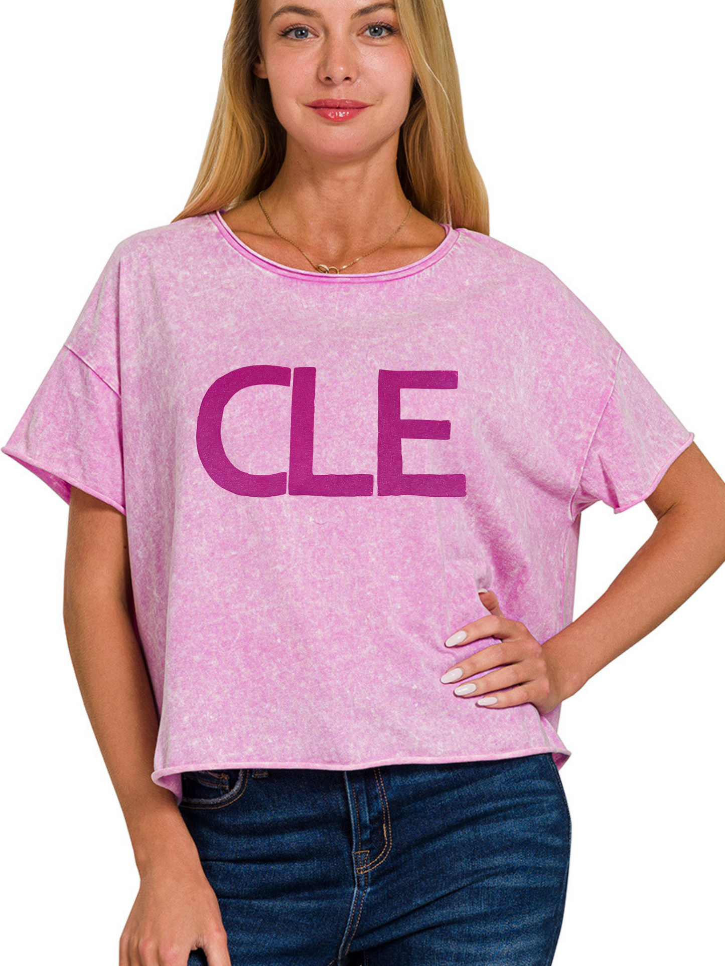 Hand Stamped CLE Acid Wash Semi-Crop Short Sleeve