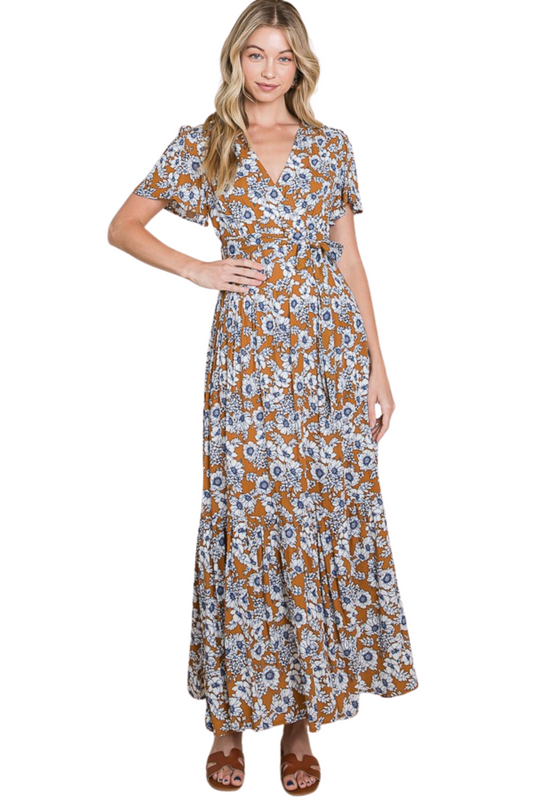 Floral Short Sleeve Maxi Dress with Tie Detail