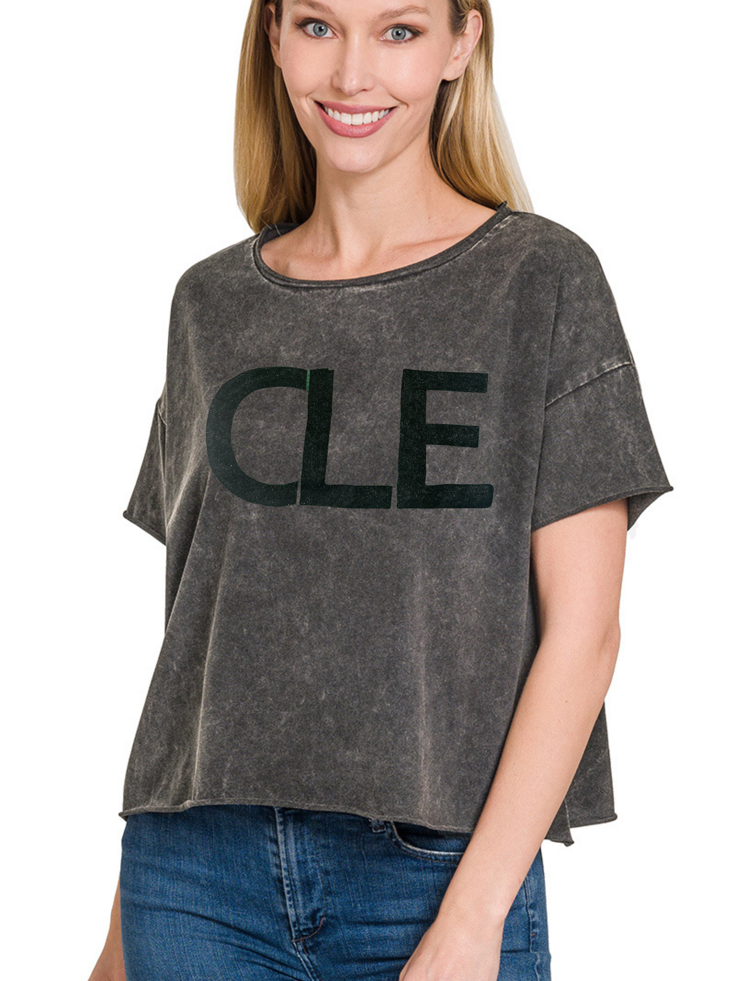 Hand Stamped CLE Acid Wash Semi-Crop Short Sleeve