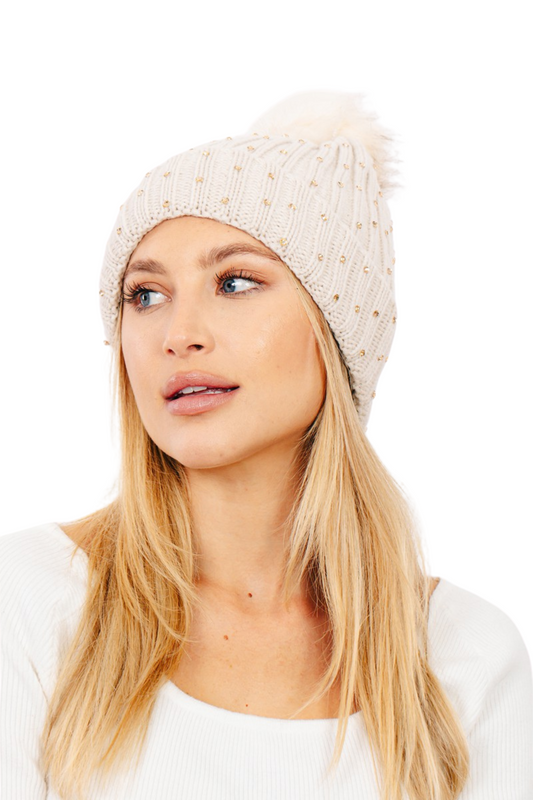 Crochet Knit Rhinestone Studded Pom Beanie