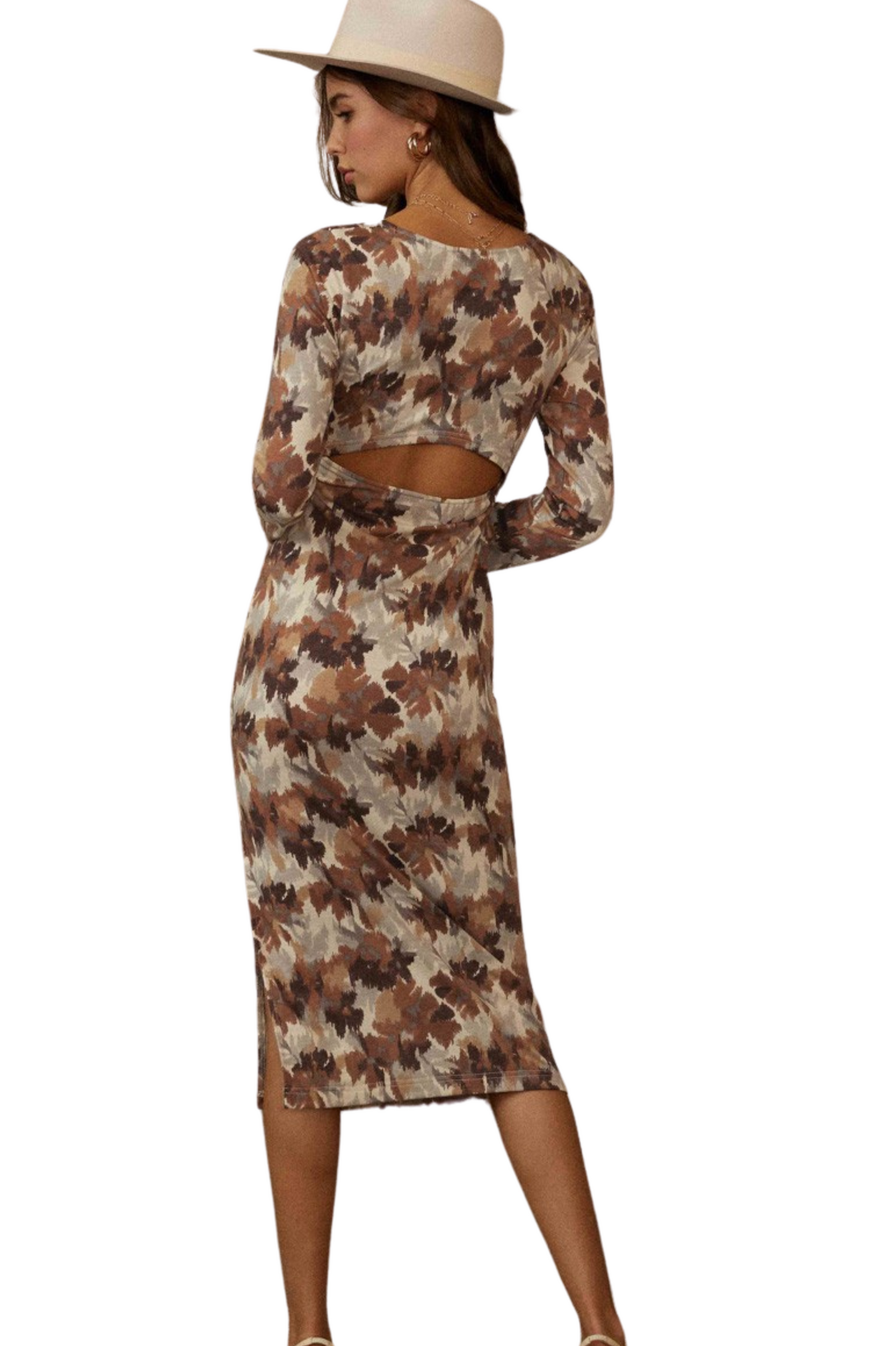 Abstract Floral Midi Dress with Front Cut Out Twist and Open Back