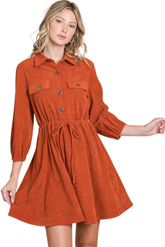Corduroy Long Sleeve Shirt Dress with Tie Waist