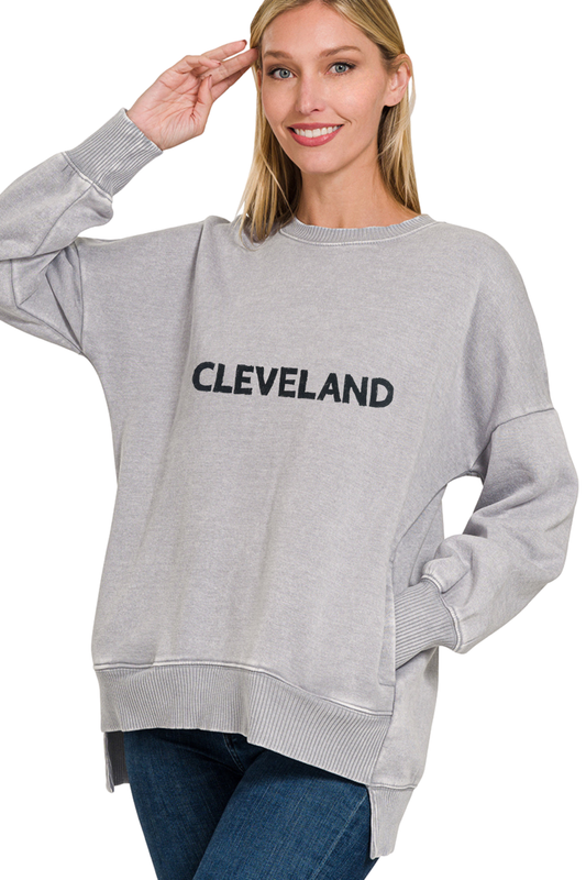 Cleveland Hand Stamped Acid Wash High Low Sweatshirt with Side Pockets