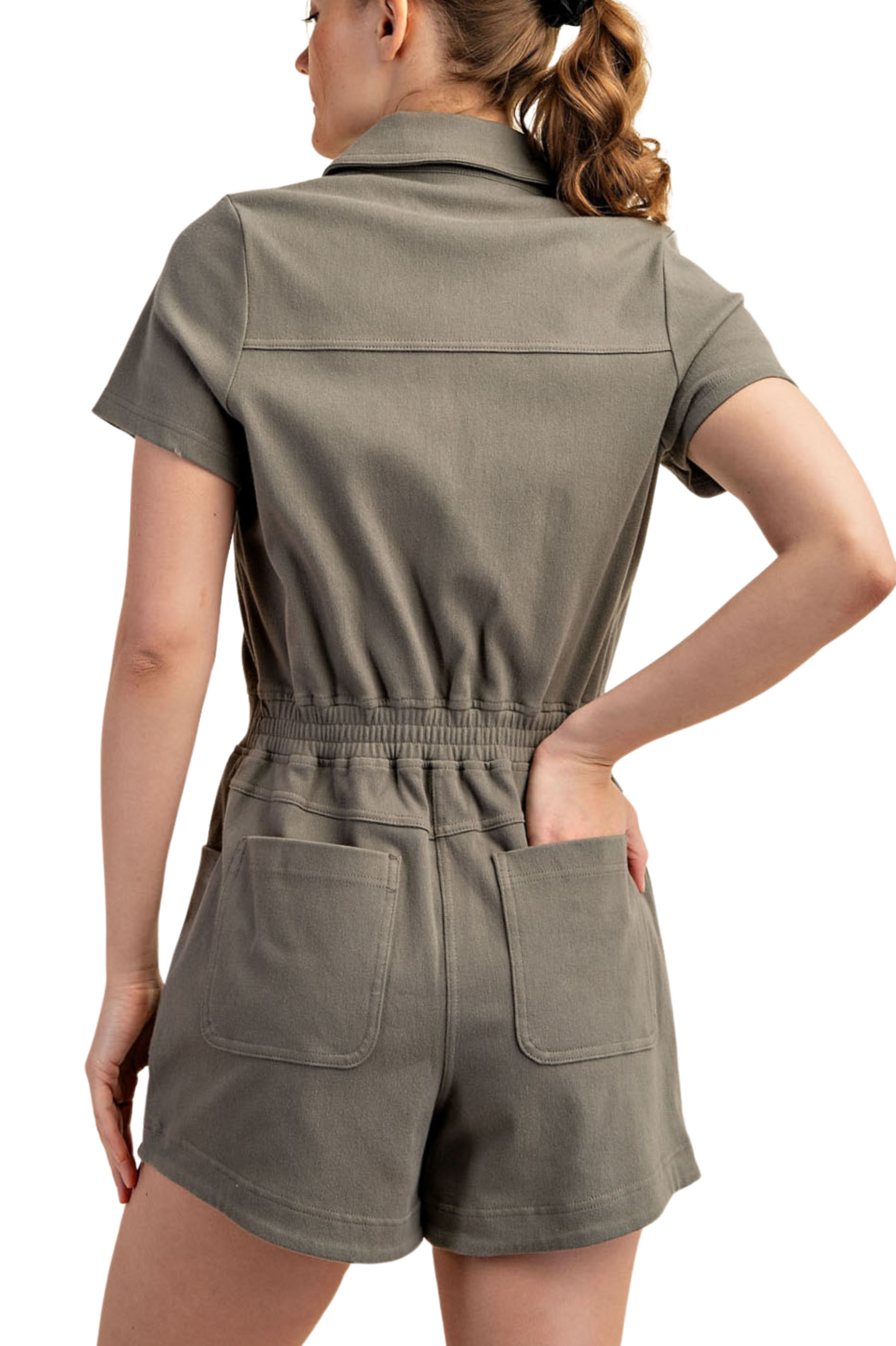 Stretch Twill Short Sleeve Collared Romper