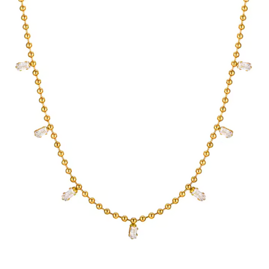 Stainless Steel Bead Chain Solitare CZ Baguette Necklace
