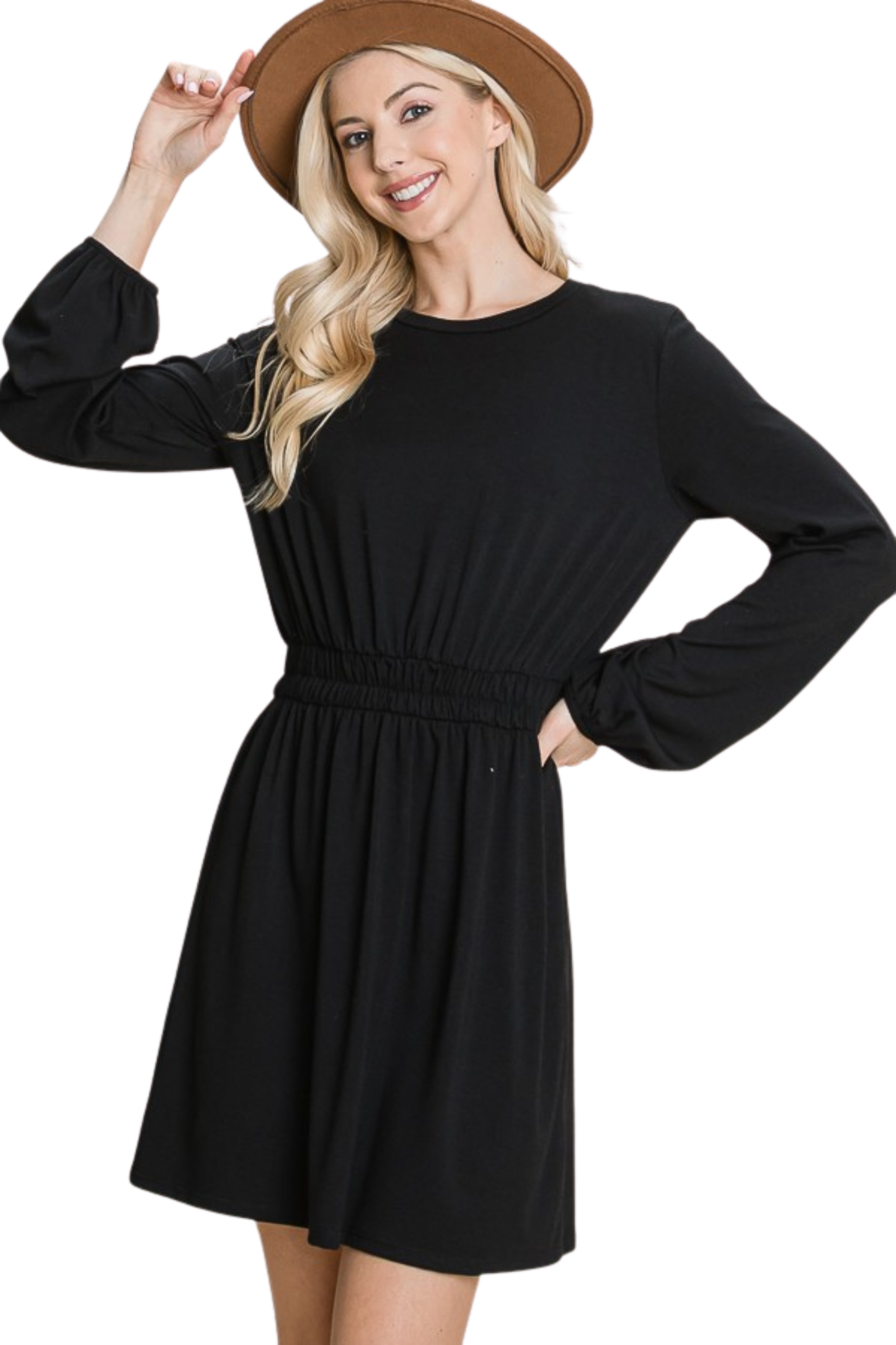 Long Sleeve Basic Dress with Elastic Waist Chinching