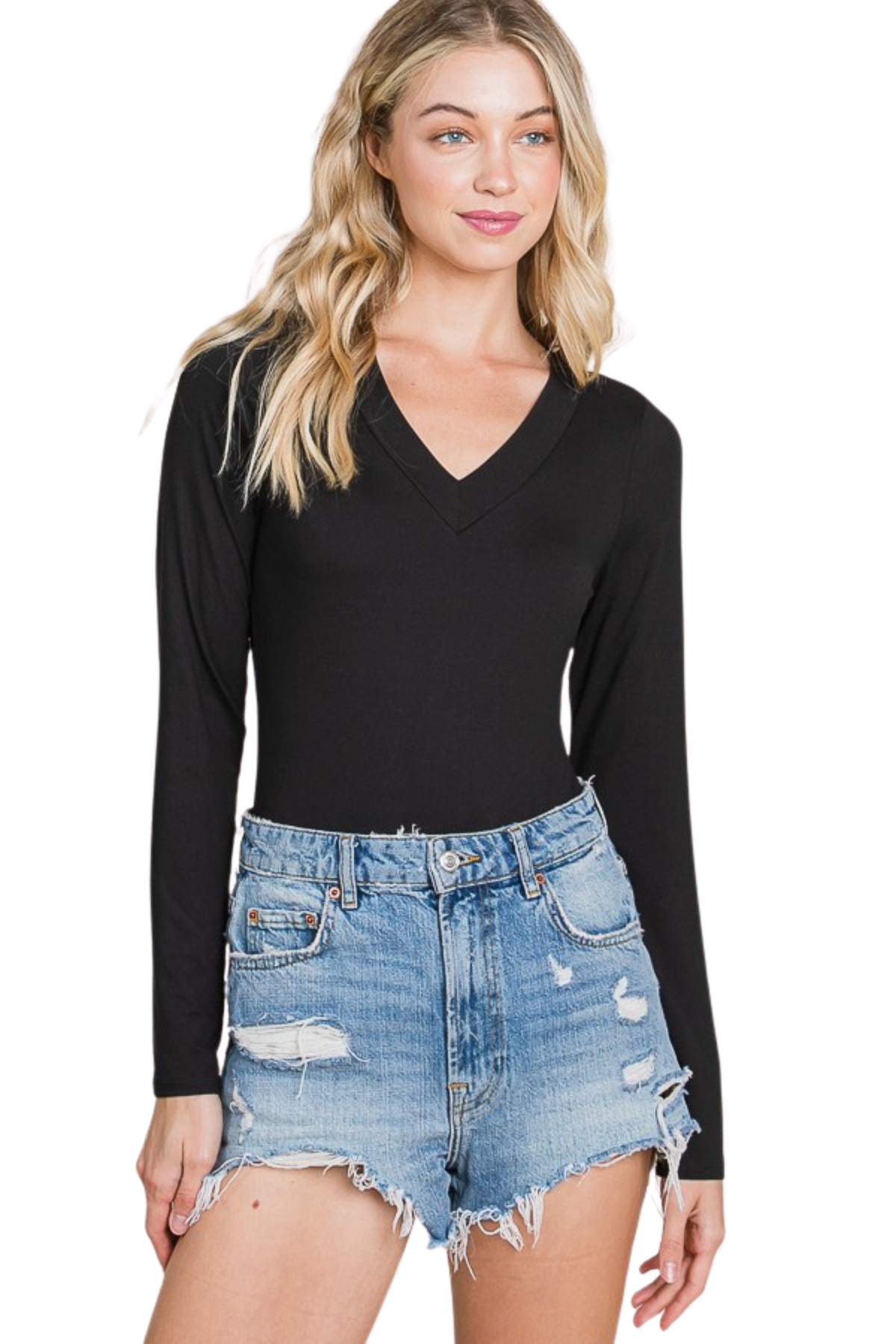 Basic Long Sleeve Thick V Neck Trim Bodysuit
