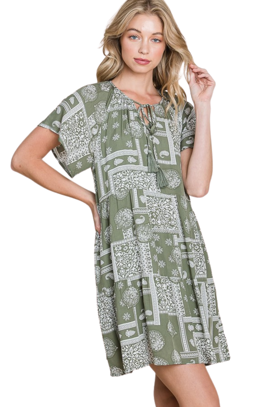 Bandana Pattern Tiered Short Sleeve Mini Dress with Neck Tie