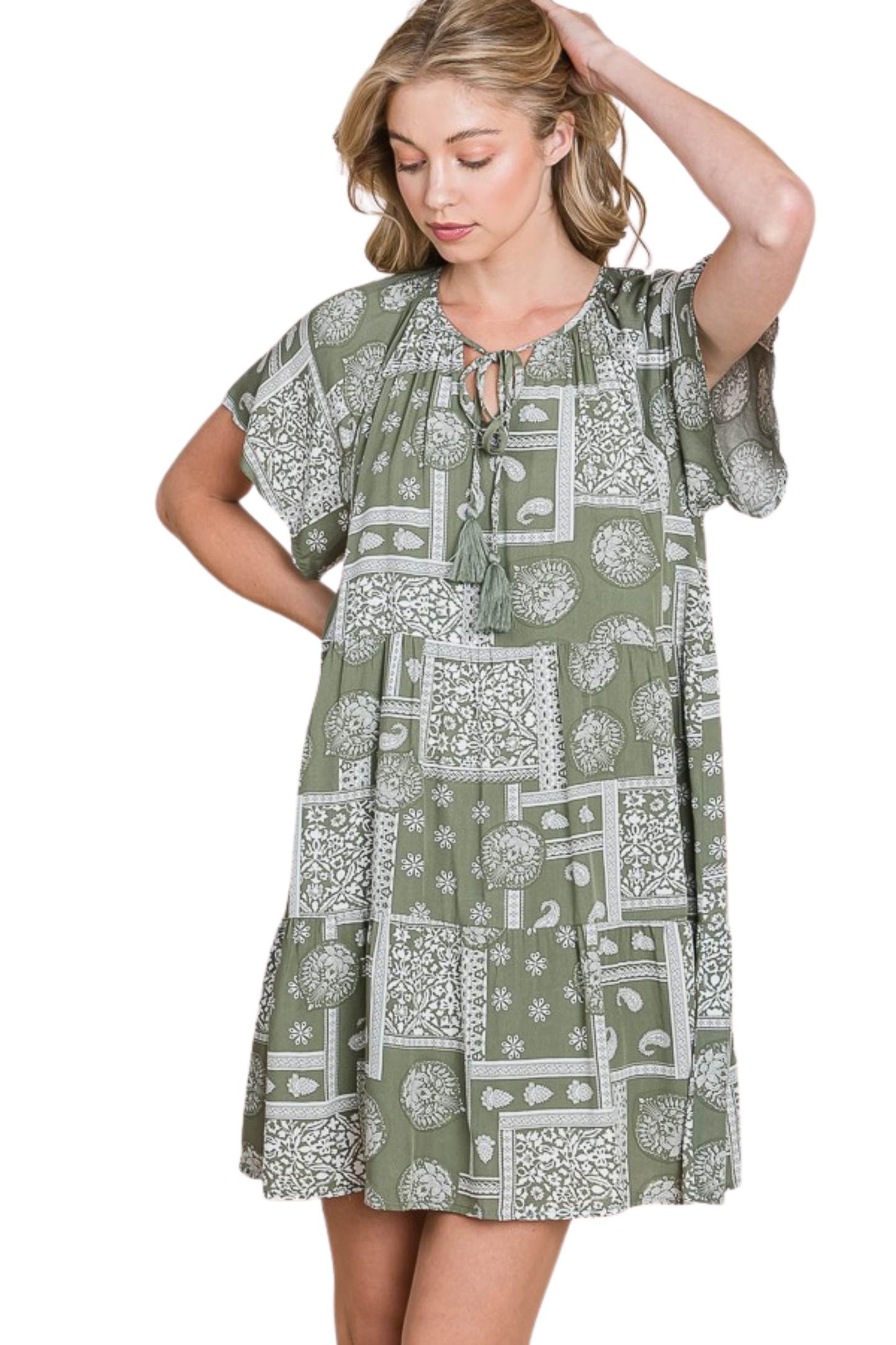 Bandana Pattern Tiered Short Sleeve Mini Dress with Neck Tie