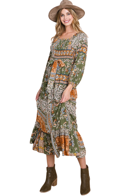 Boho On or Off the Shoulder Flowy Midi Dress