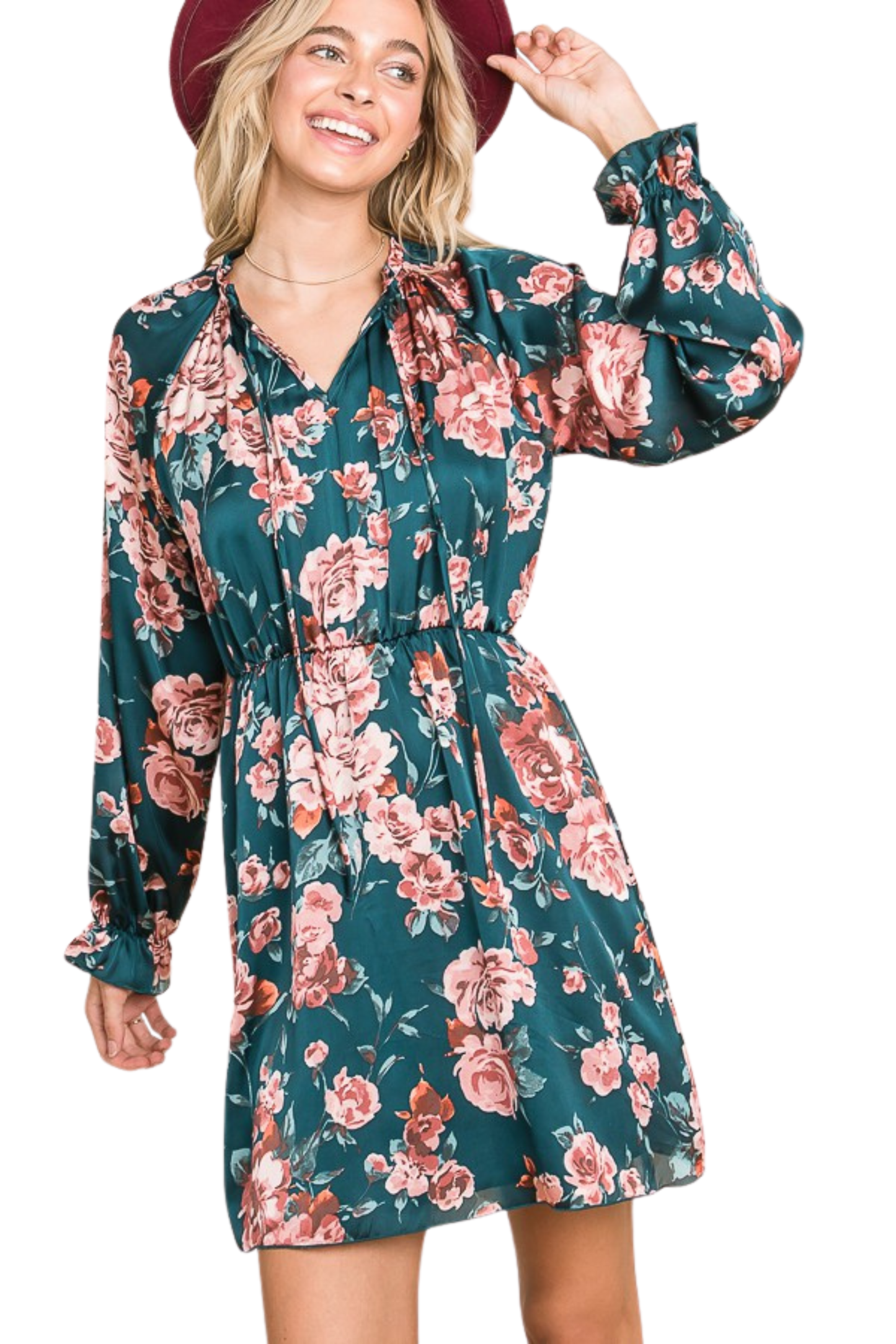 Long Sleeve Floral Tie Front Mini Dress