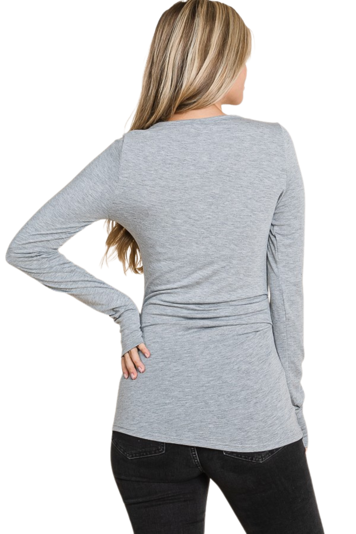 Basic Crew Neck Long Sleeve Tee with Side Pleat