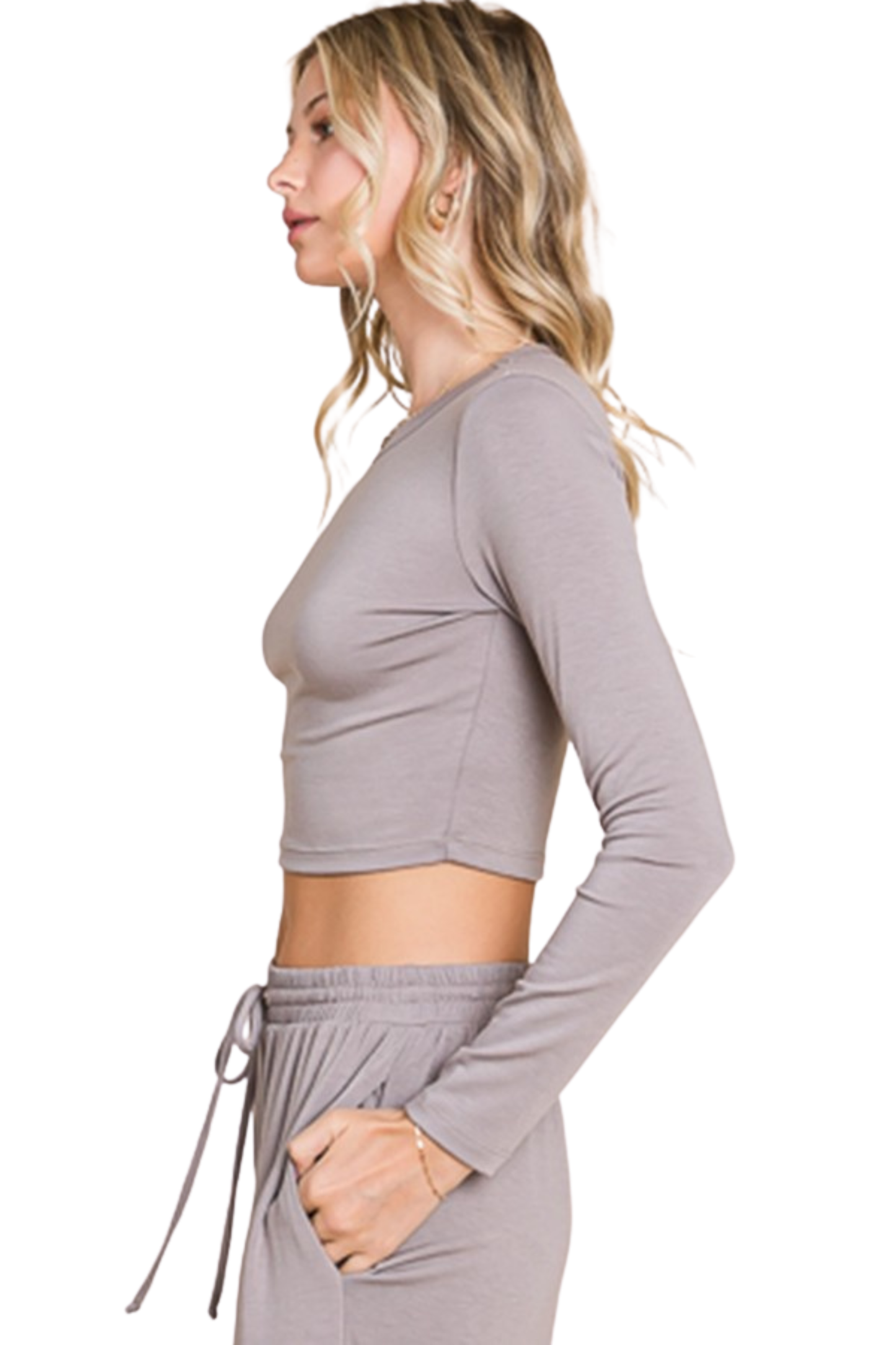 Slim Fit Cropped Crew Neck Long Sleeve Tee