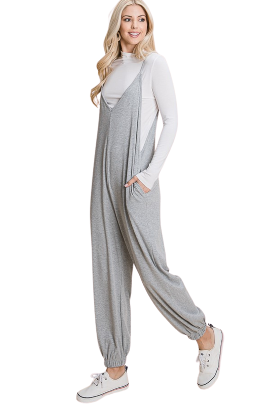 Rib Knit Relaxed Jumpsuit with Spaghetti Straps