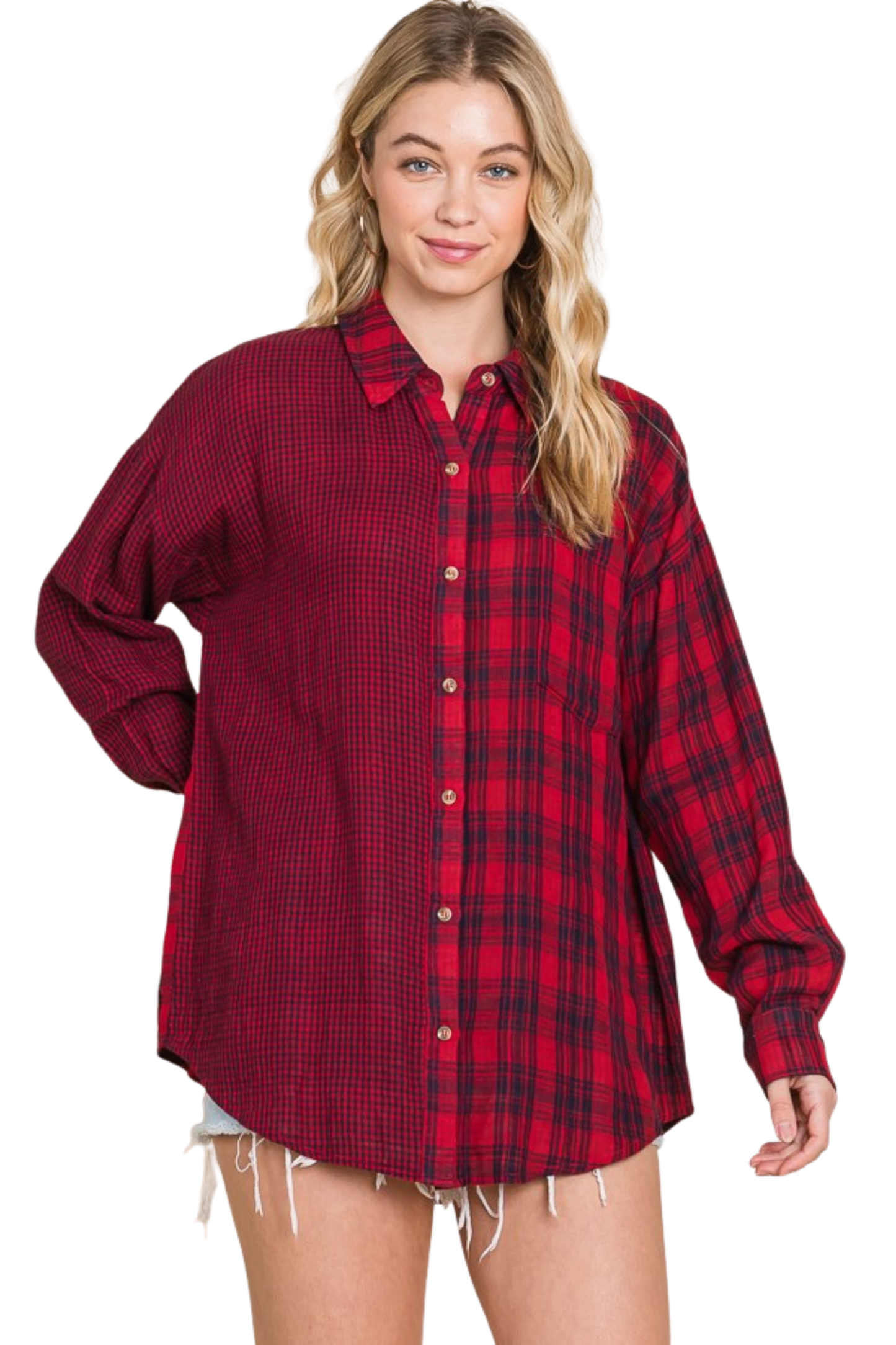 Light Weight Contrast Plaid Button Up Shirt