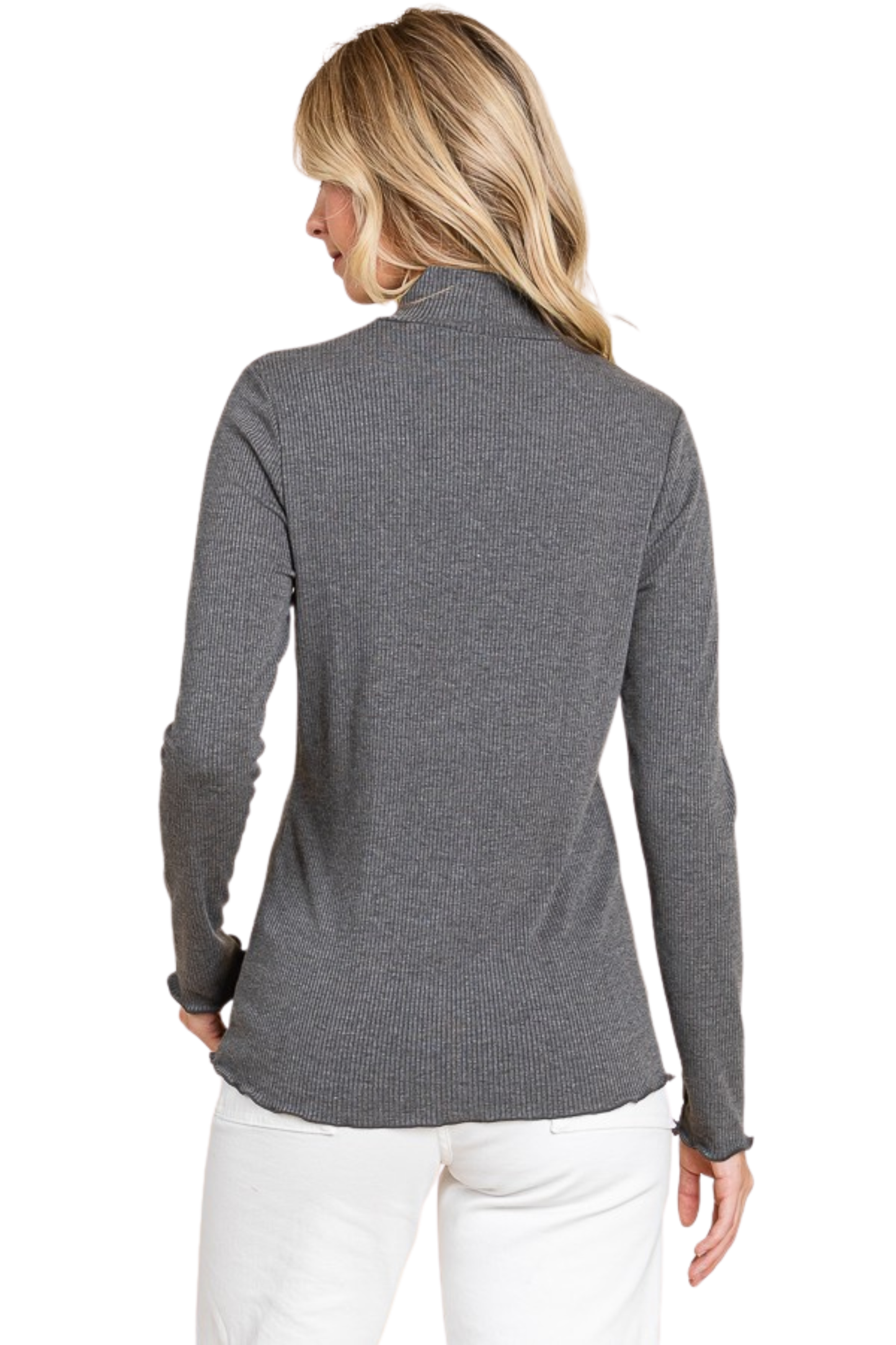 Rib Knit Turtleneck Long Sleeve Top with Lettuce Edge