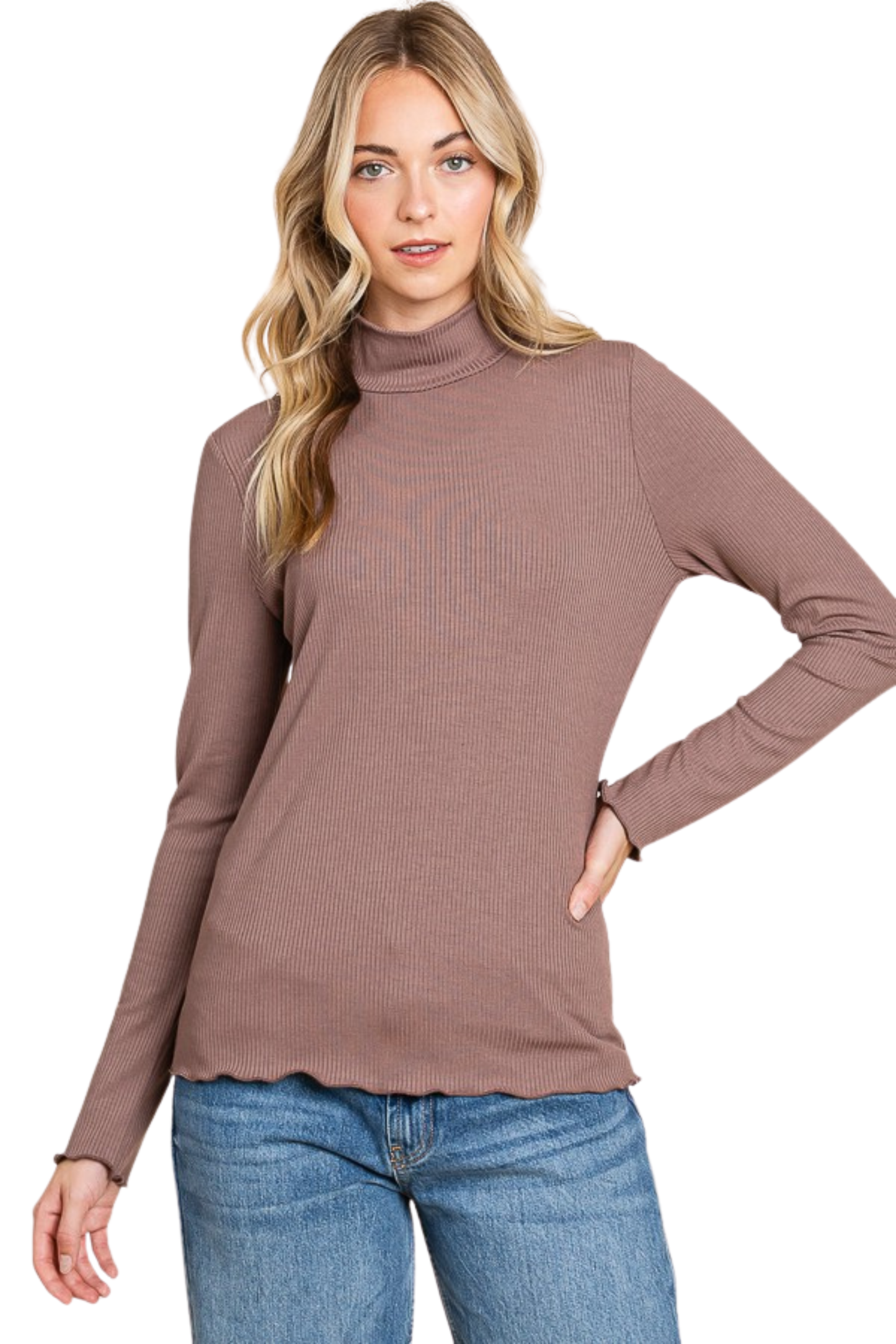 Rib Knit Turtleneck Long Sleeve Top with Lettuce Edge