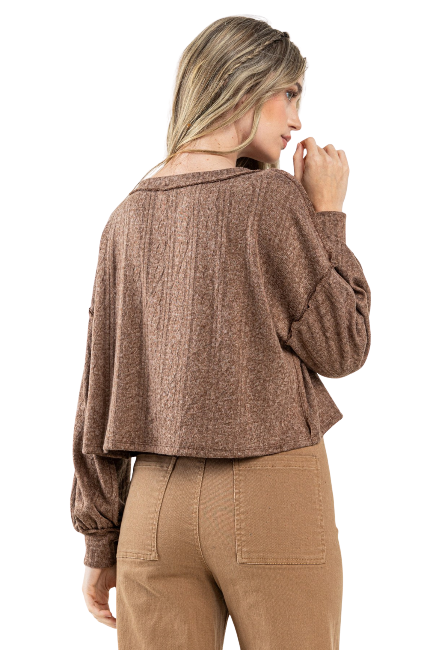 Brushed & Ribbed Relaxed Long Sleeve Top