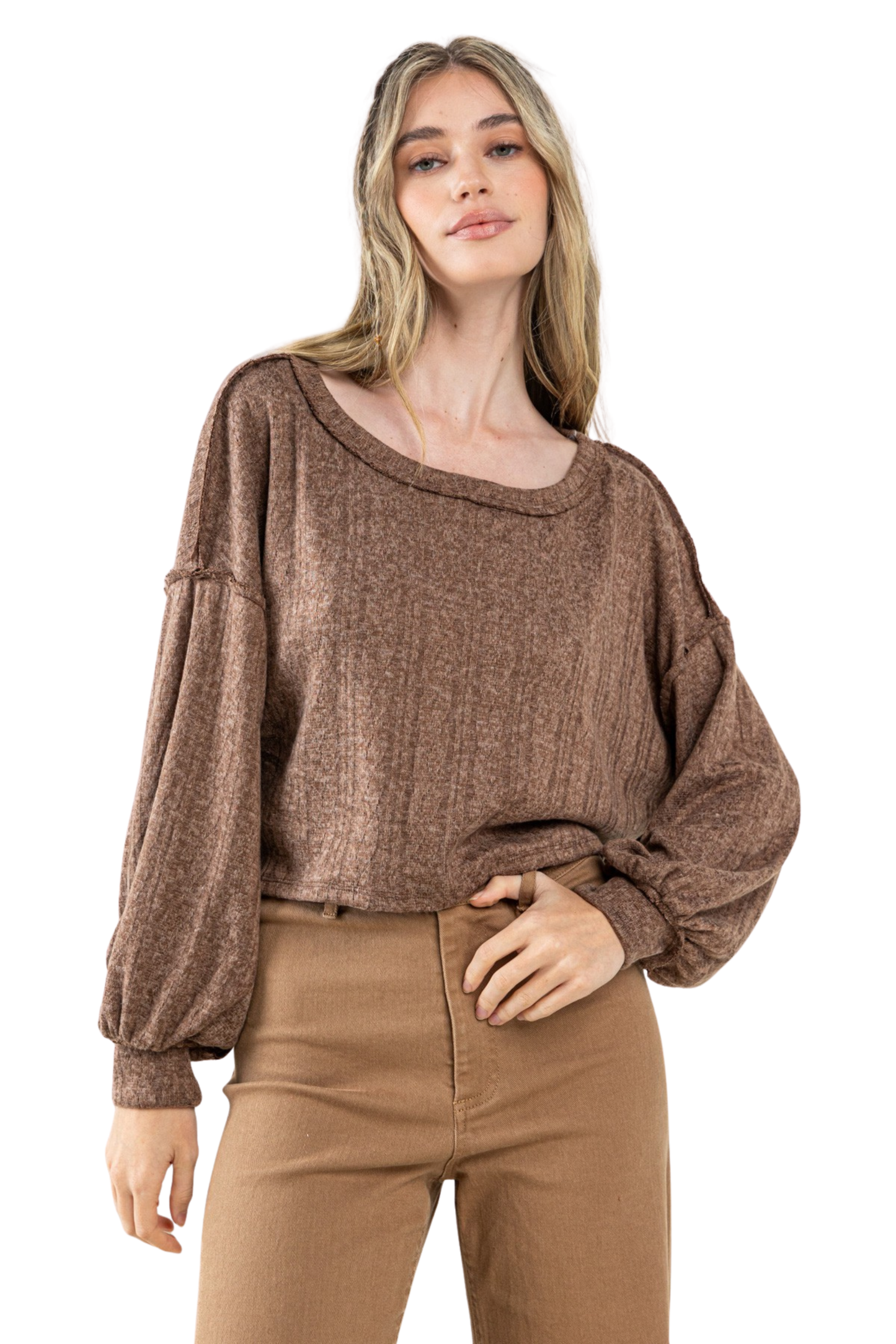 Brushed & Ribbed Relaxed Long Sleeve Top