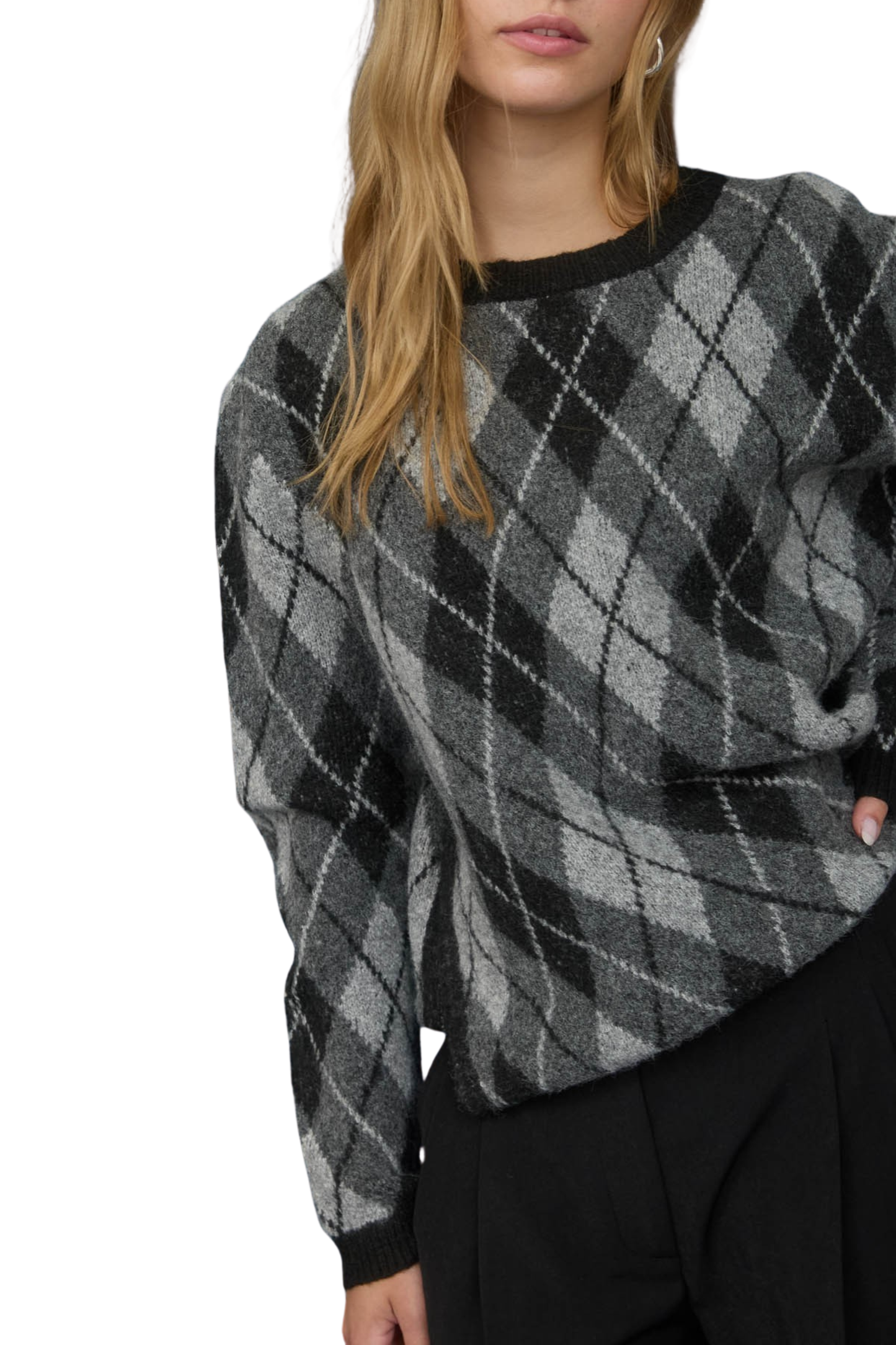 Argyle Pattern Crew Neck Long Sleeve Knit Sweater
