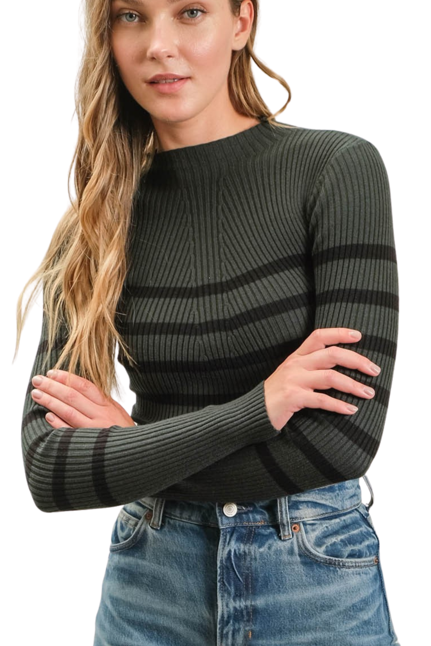 Stripe Mock Neck Long Sleeve Knit Top