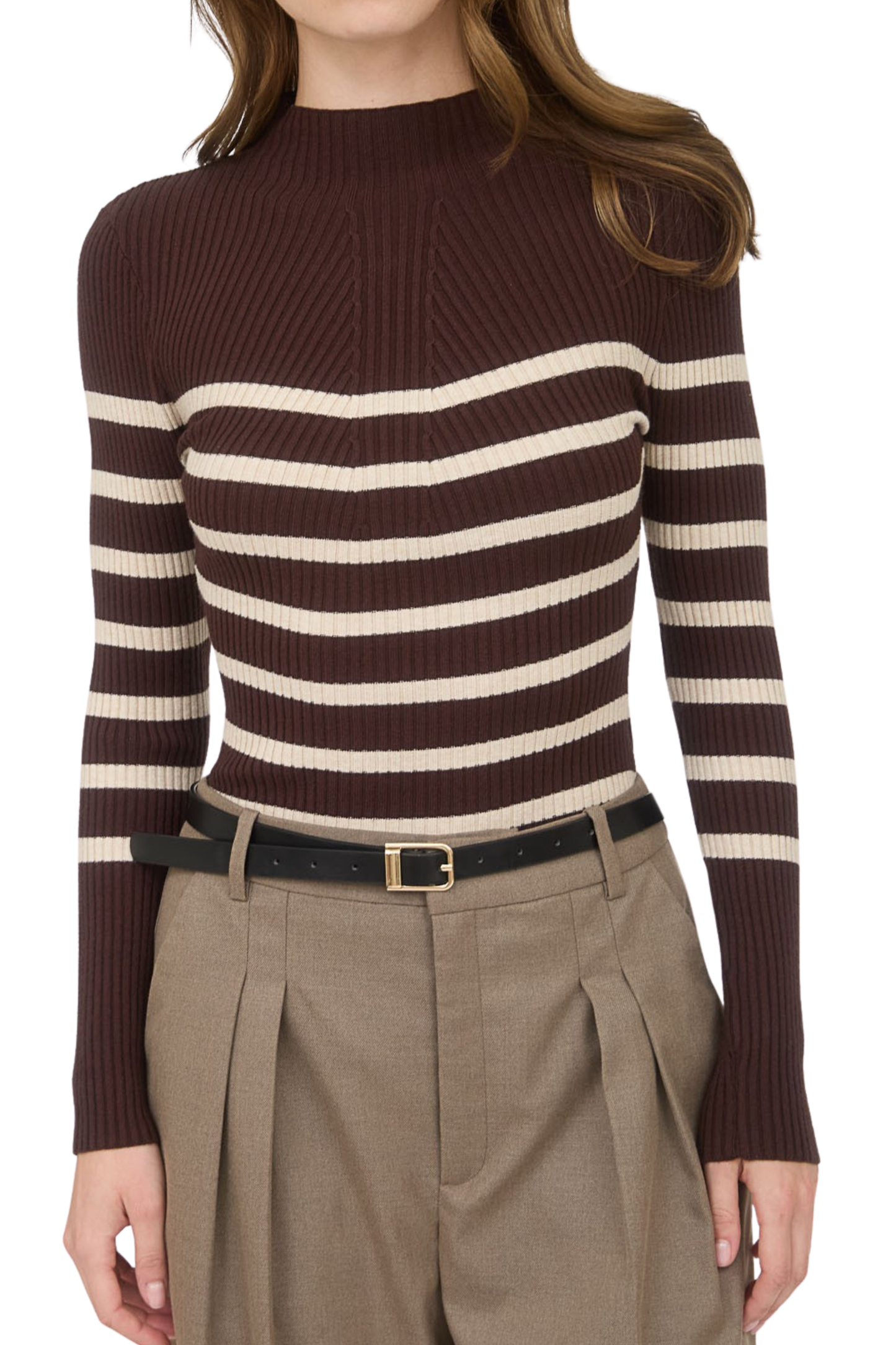 Stripe Mock Neck Long Sleeve Knit Top