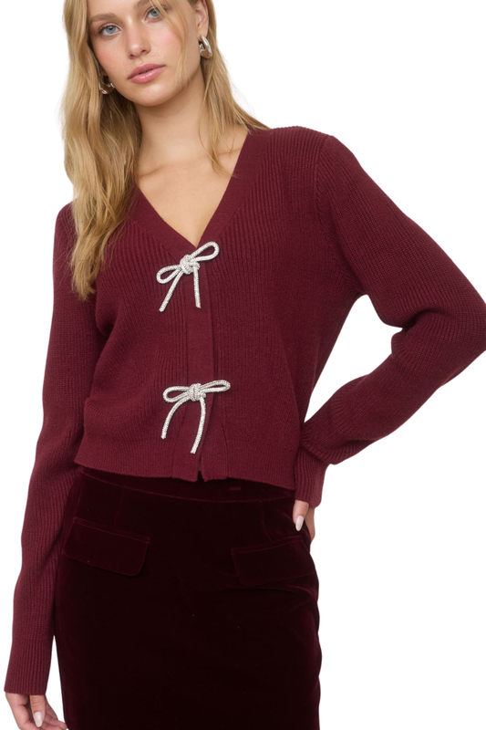 Front Jewel Bow Detail Long Sleeve Knit Cardigan