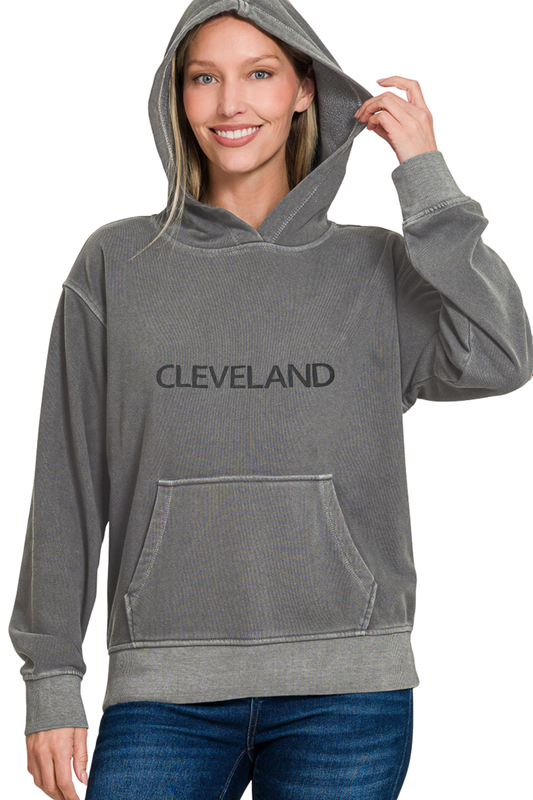 Cleveland Hand Stamped Garment Dyed Hoodie with Kangaroo Pocket