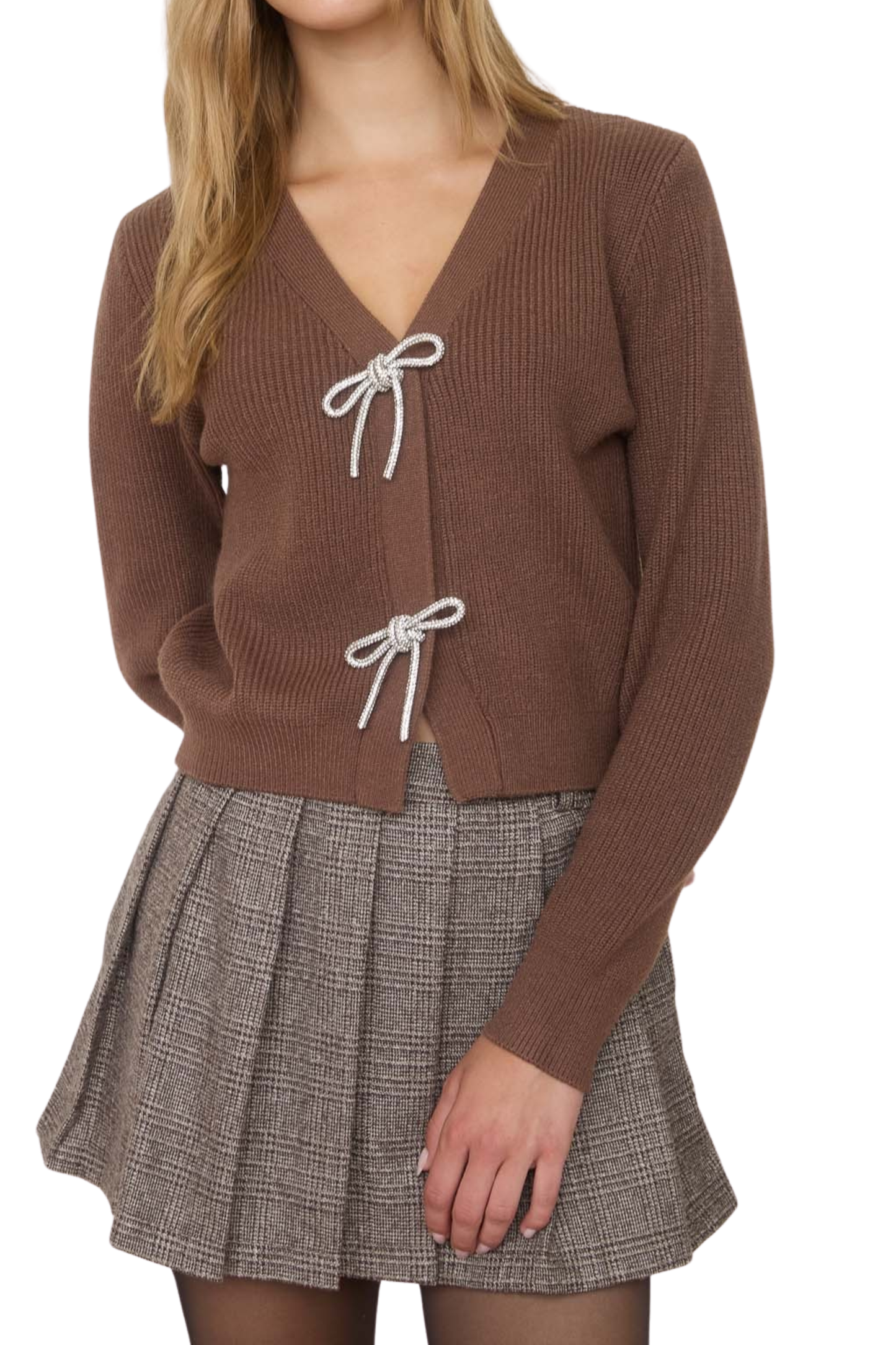 Front Jewel Bow Detail Long Sleeve Knit Cardigan