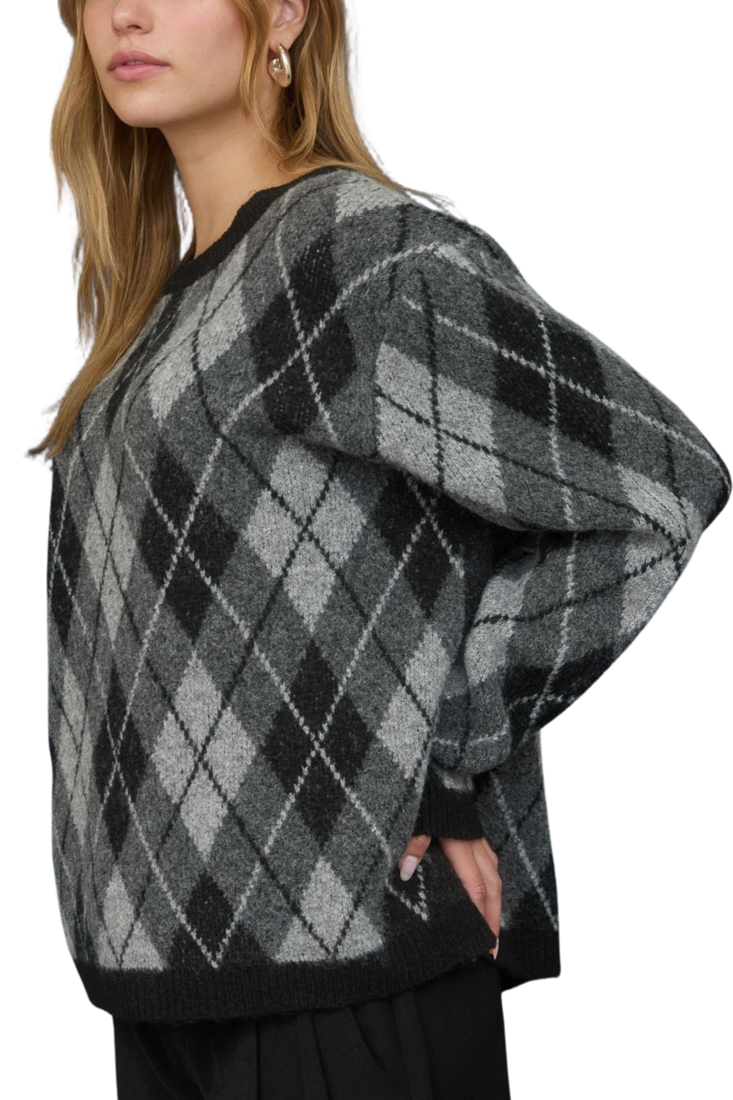 Argyle Pattern Crew Neck Long Sleeve Knit Sweater