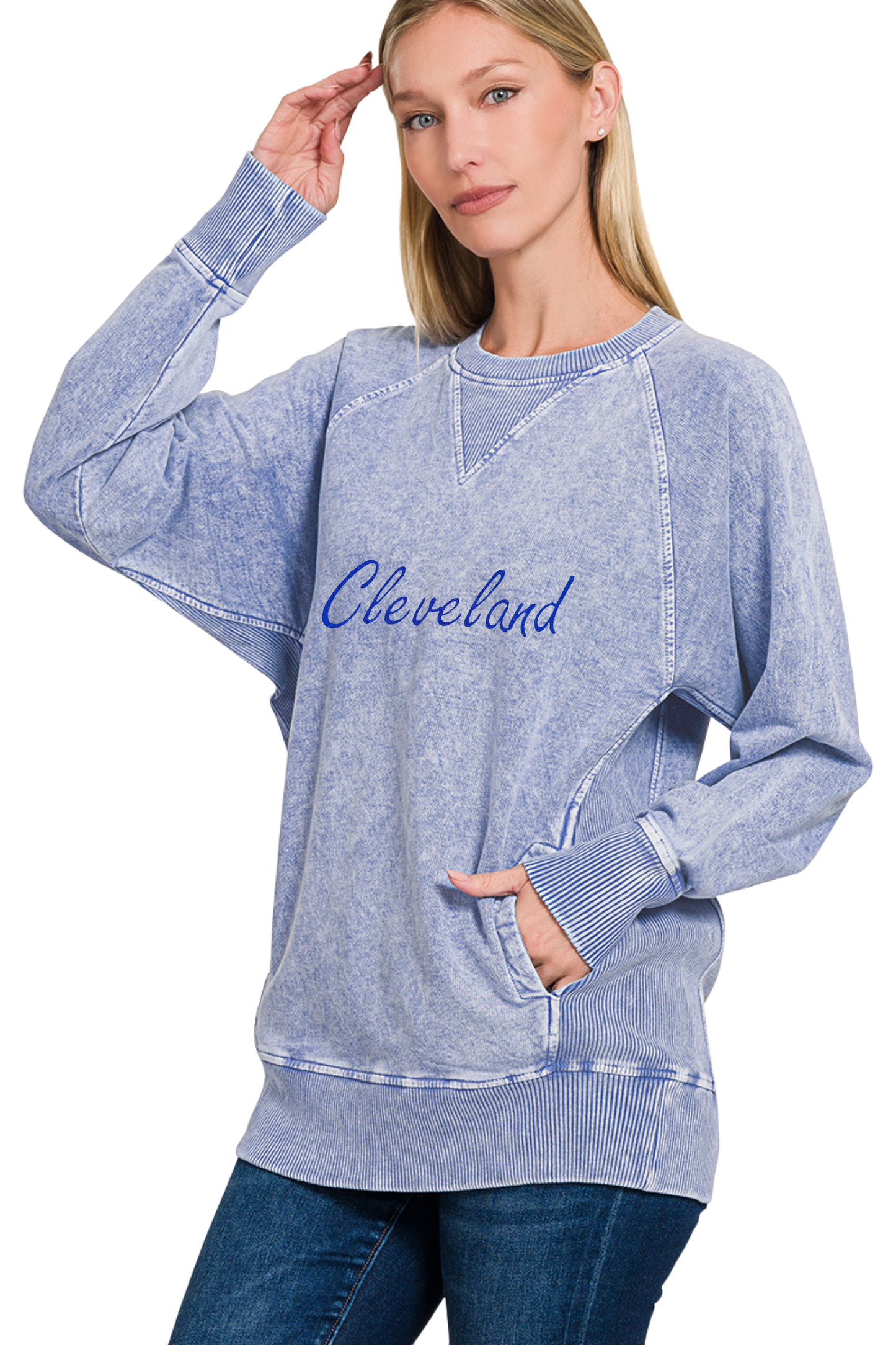 Script Cleveland Hand Stamped French Terry Pullover with Pockets