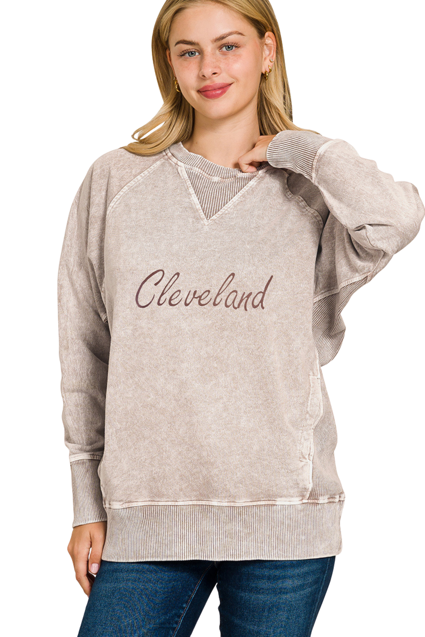 Script Cleveland Hand Stamped French Terry Pullover with Pockets