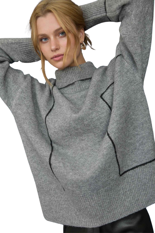 Turtleneck Contrast Line Details Knit Sweater