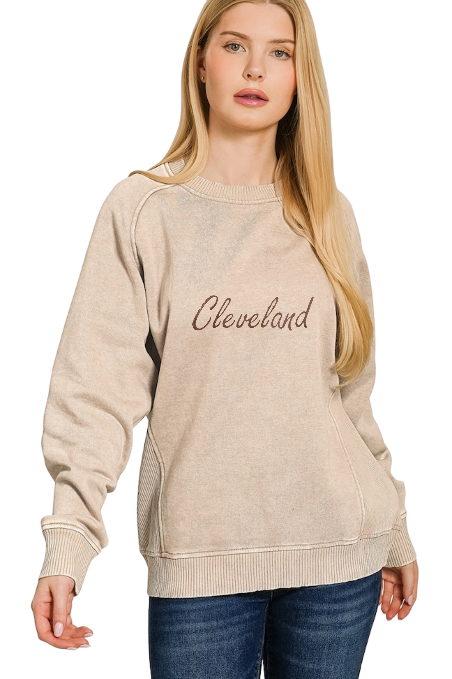 Script Cleveland Hand Stamped Ribbed Side Sweatshirt