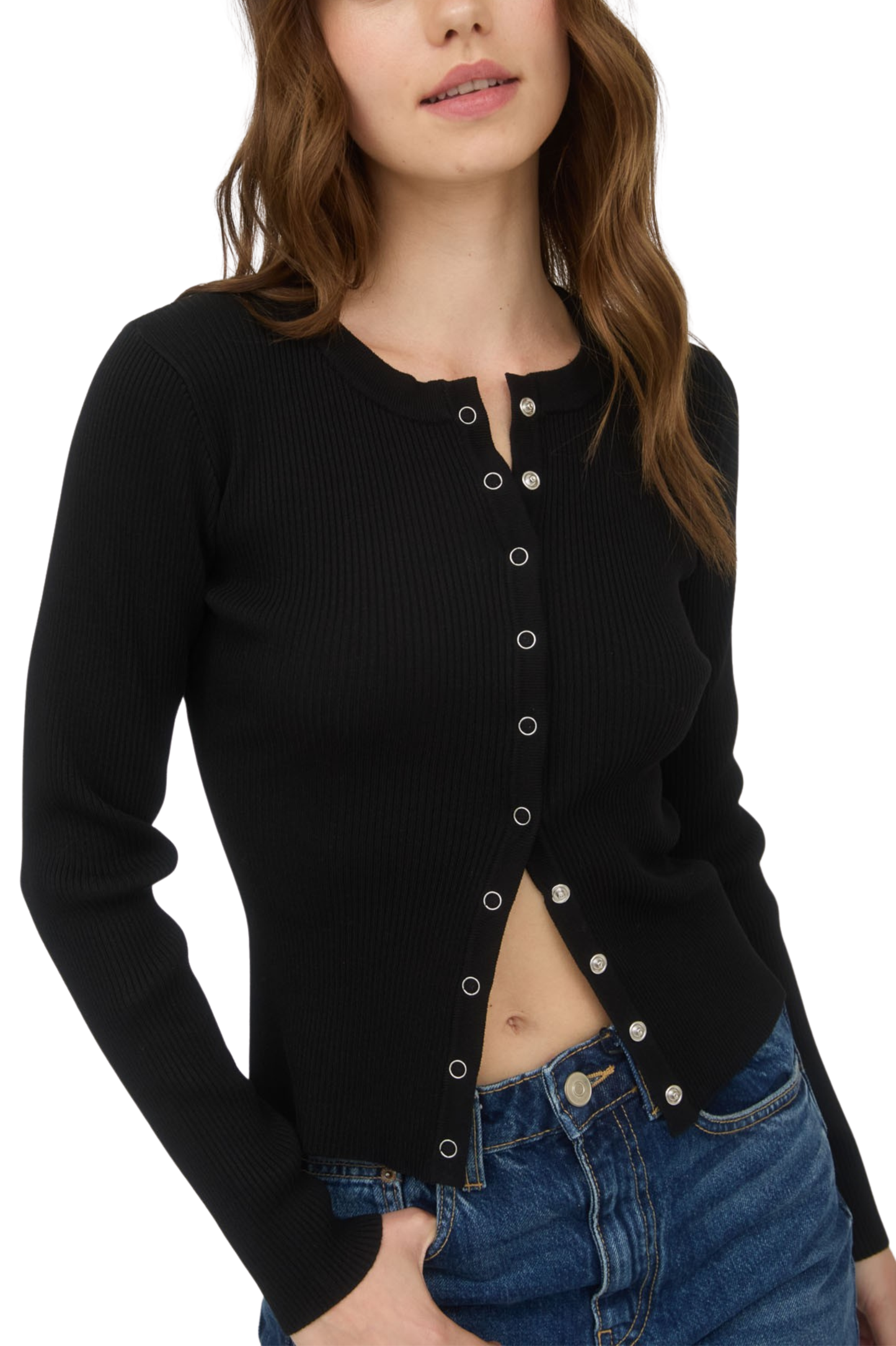 Snap Button Down Round Neck Knit Cardigan