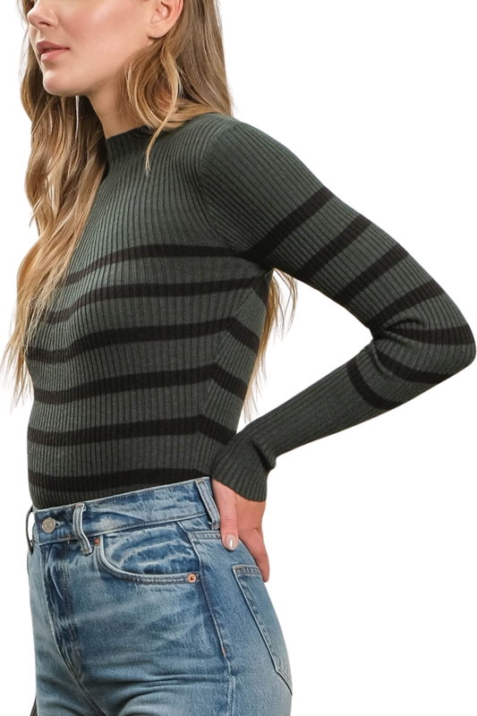 Stripe Mock Neck Long Sleeve Knit Top
