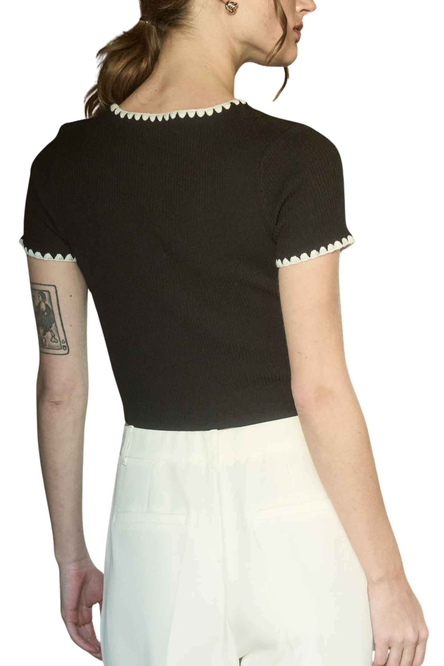 Contrast Scallop Trim Short Sleeve Knit Crop Top