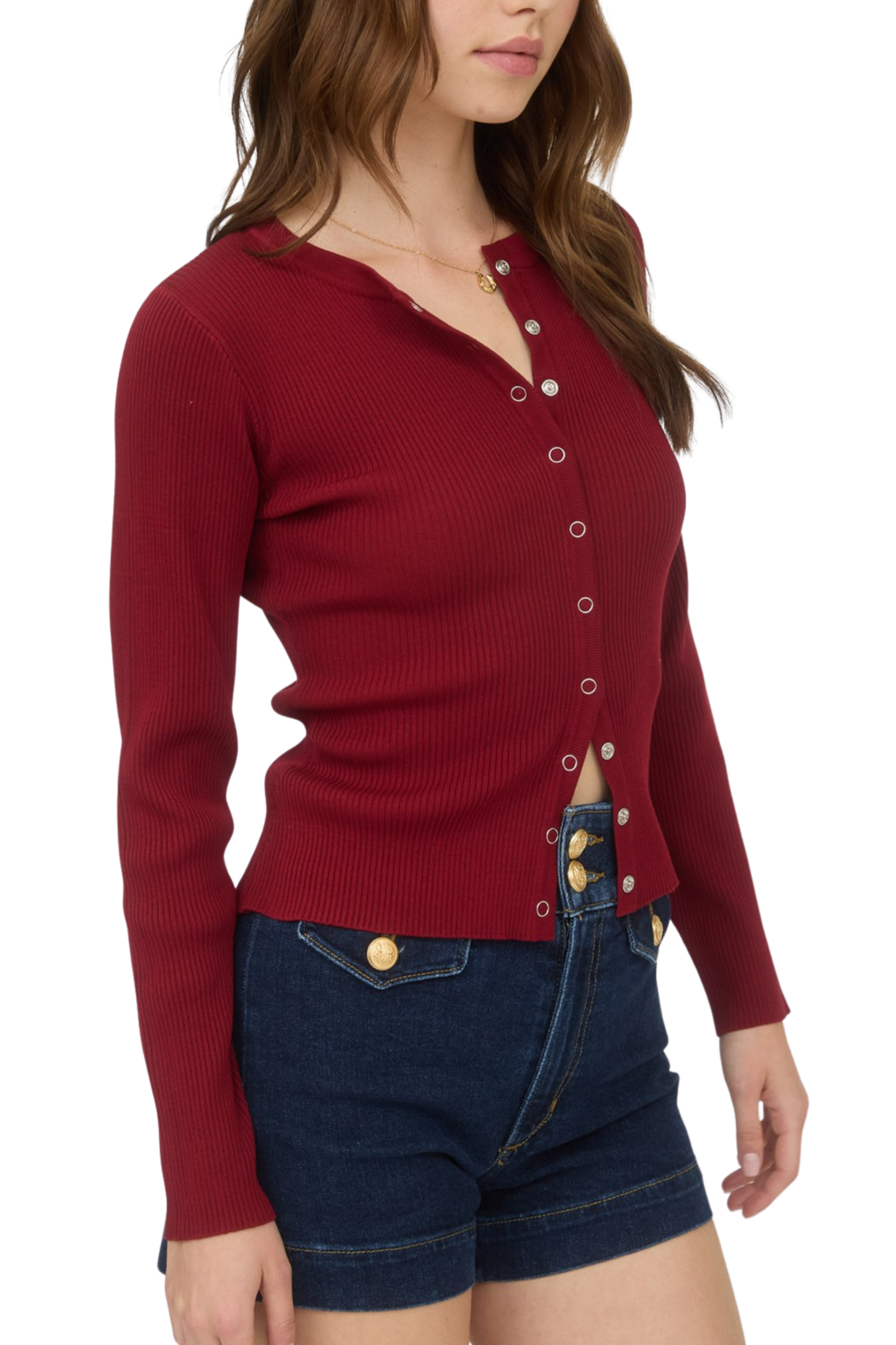 Snap Button Down Round Neck Knit Cardigan