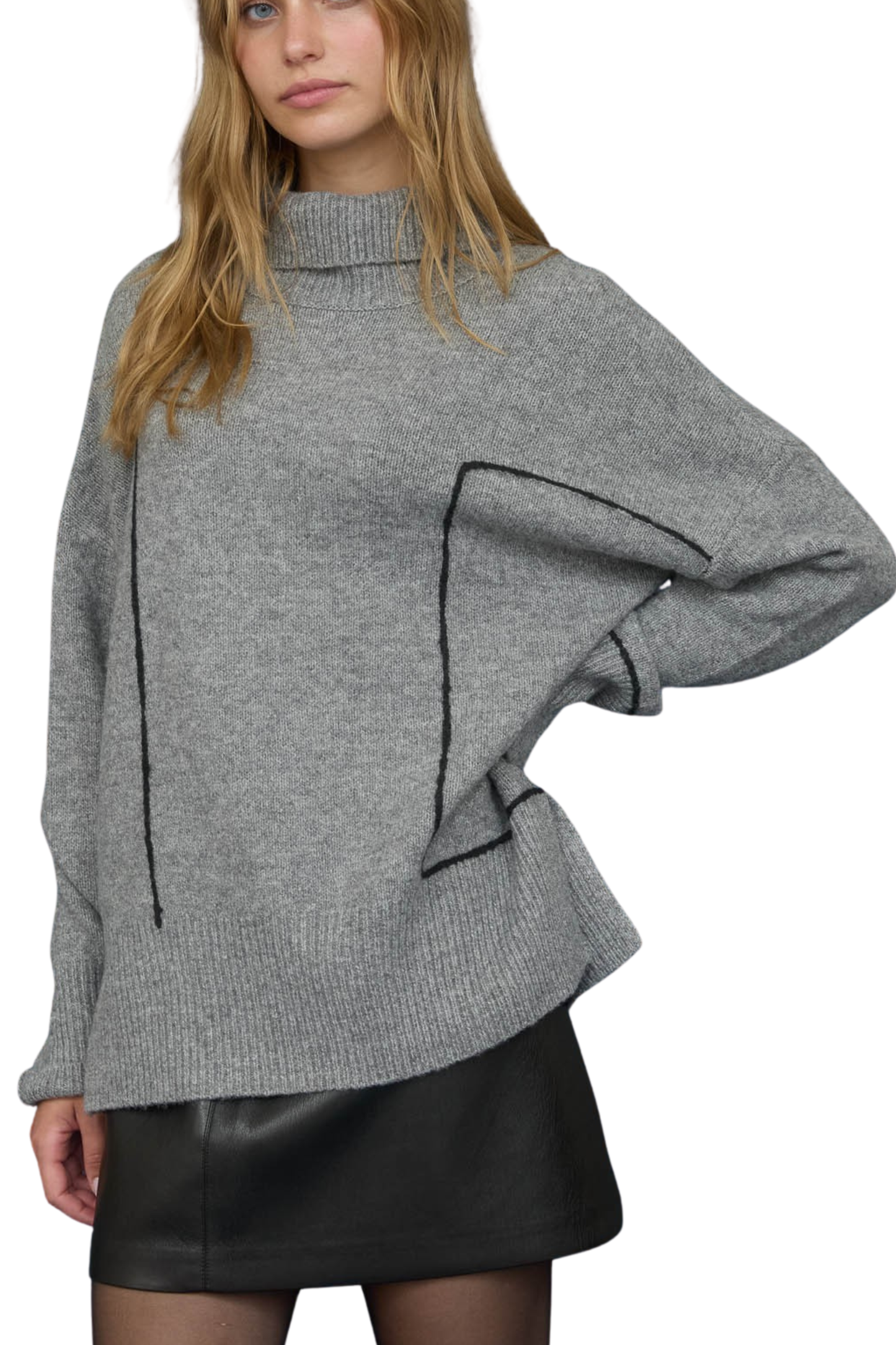 Turtleneck Contrast Line Details Knit Sweater