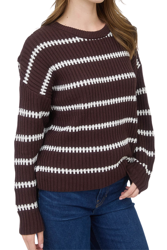 Stripe Crewneck Long Sleeve Ribbed Knit Sweater