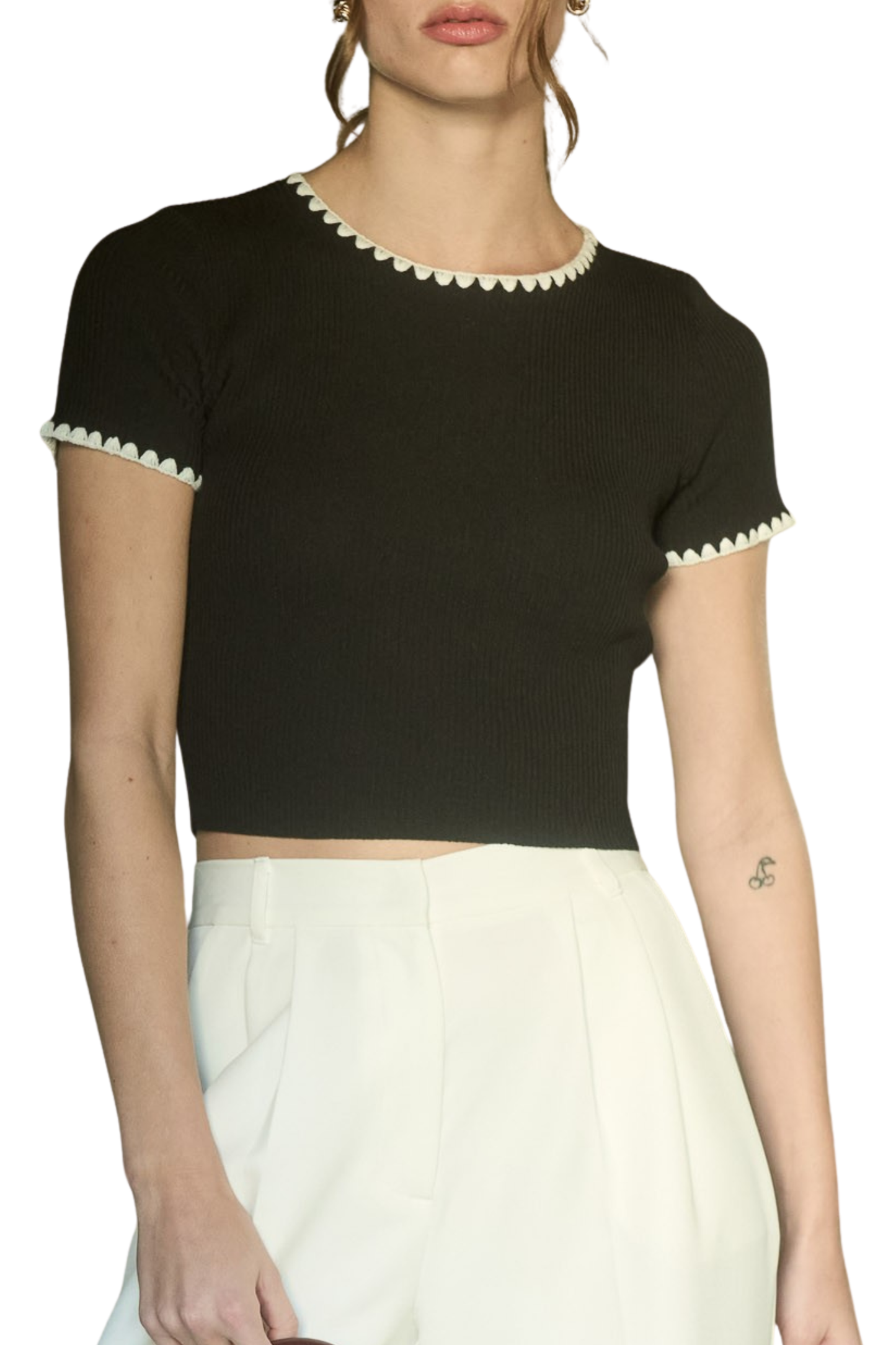 Contrast Scallop Trim Short Sleeve Knit Crop Top