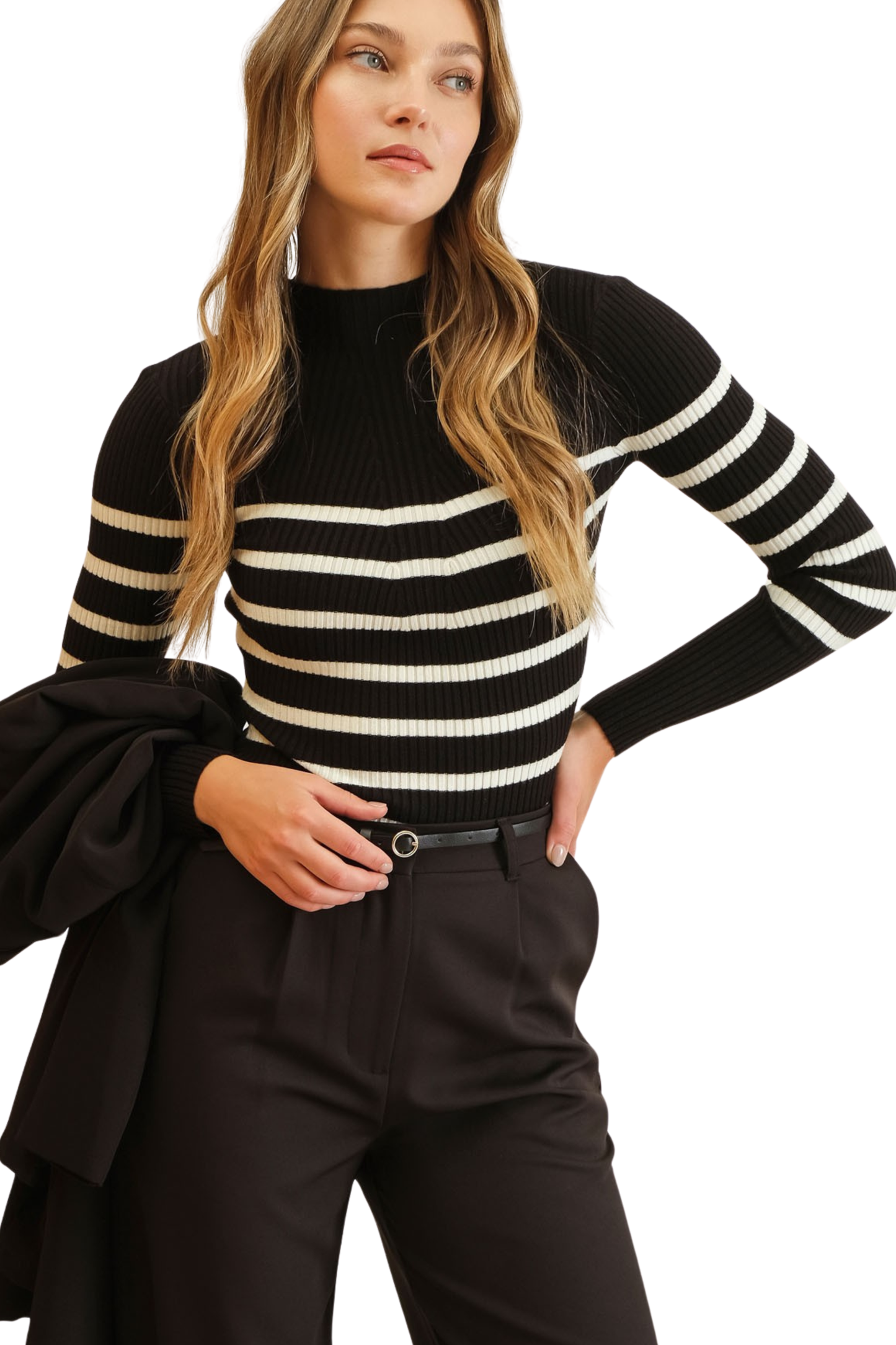 Stripe Mock Neck Long Sleeve Knit Top