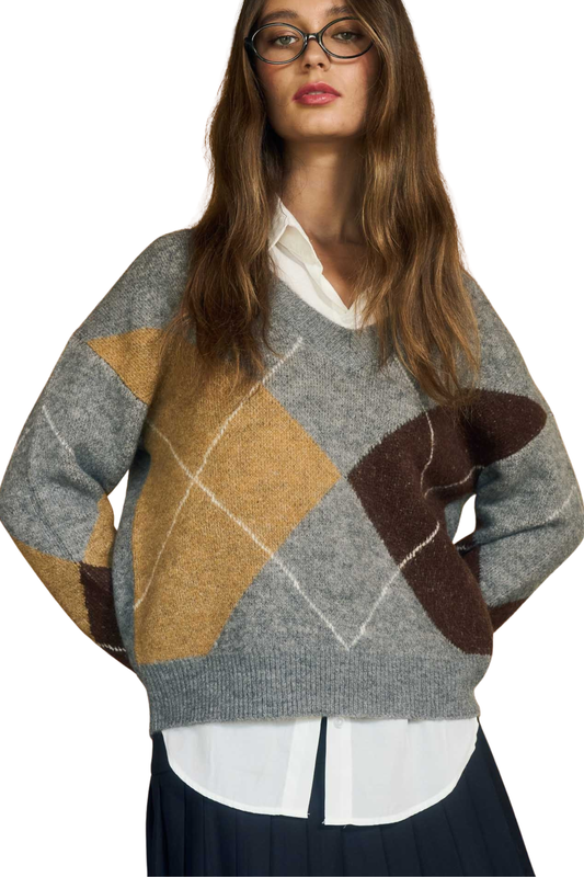 Argyle V Neck Long Sleeve Pullover Sweater