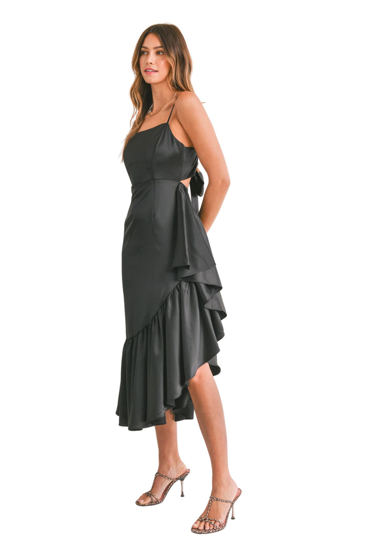 Asymmetric Ruffle Hem Line Open Back Midi Dress