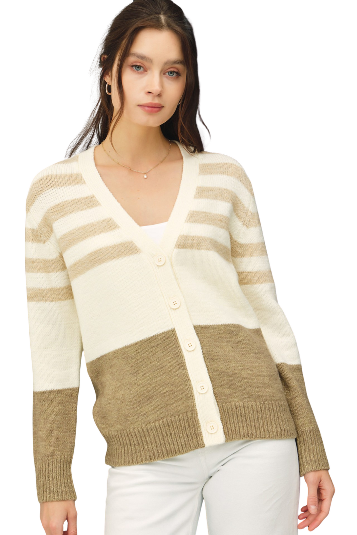 Striped & Color Block V Neck Cardigan