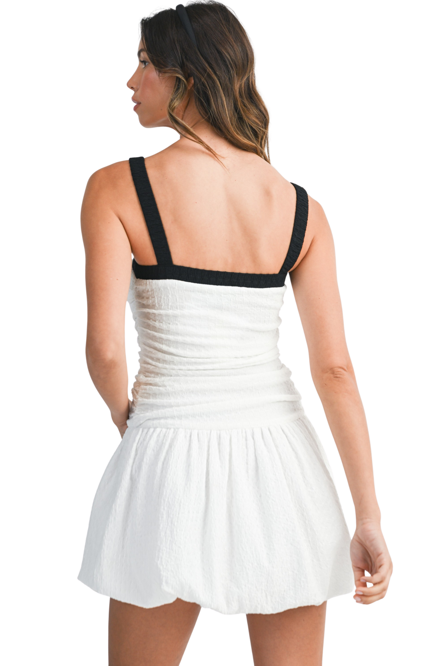 Textured Contrast Strap Bubble Hem Mini Dress