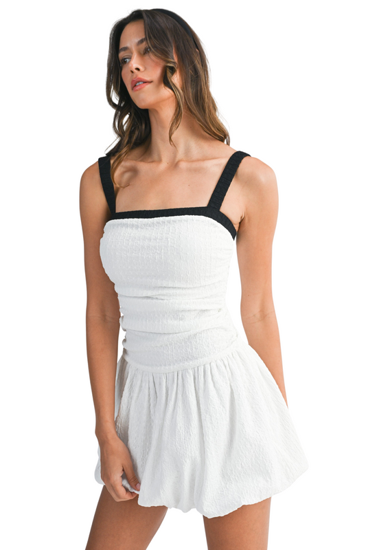 Textured Contrast Strap Bubble Hem Mini Dress